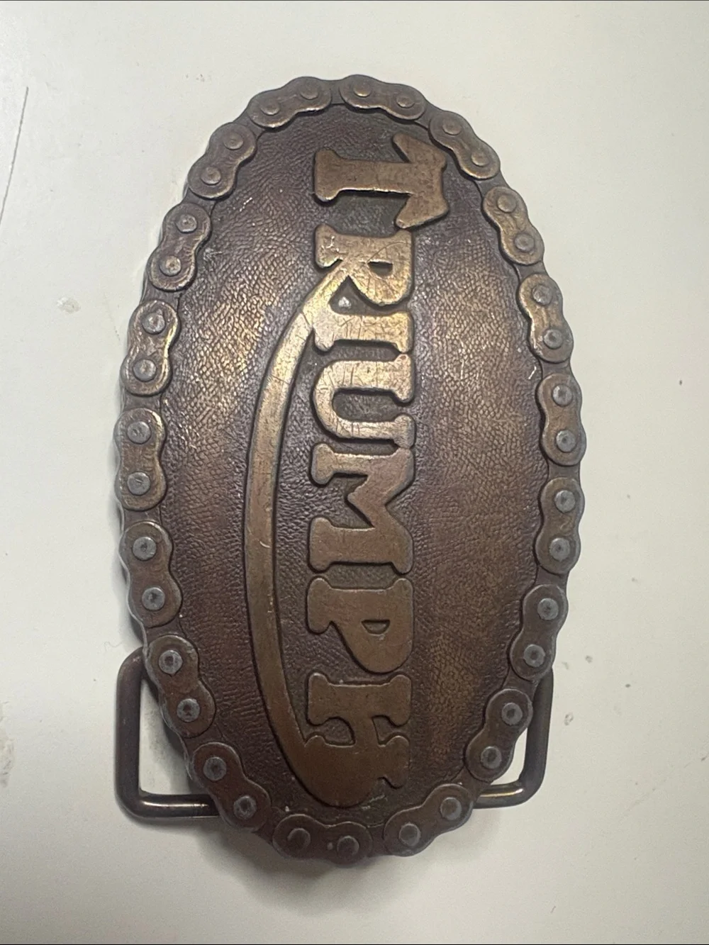 Triumph Oval Embossed Belt Buckle - Brown/Antique Brass - 3.5x2 in
